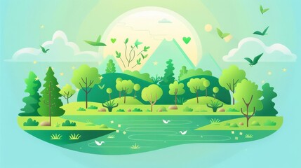 Obraz premium Ecosystem services, with illustrations of forests, wetlands, and oceans providing clean air, water, and food