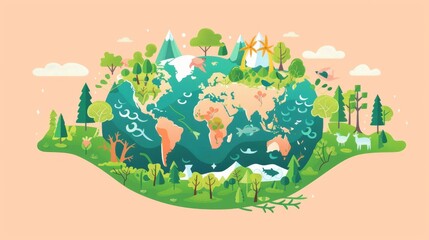 Naklejka premium Global conservation, with illustrations of conservation efforts around the world, highlighting the interconnectedness of ecosystems and the need for international cooperation