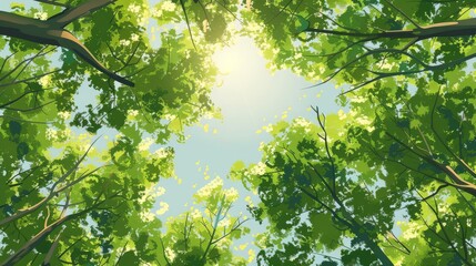 Fototapeta premium Tree canopy, with a view looking up into a dense forest canopy, sunlight filtering through the leaves
