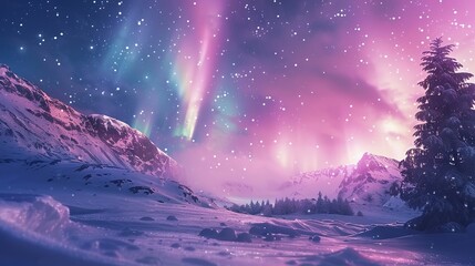 Fototapeta premium Vertical aurora photos on a snowy background, starry sky, pink and light pink styles, dreamy dreams, pink and light white, high-definition, charming, realistic and romantic
