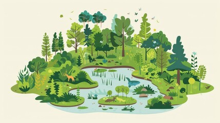 Habitat restoration, with illustrations of reforestation, wetland restoration, and wildlife corridors