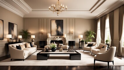 Premium living room with chair  black table  taupe beige walls  and ivory interior.