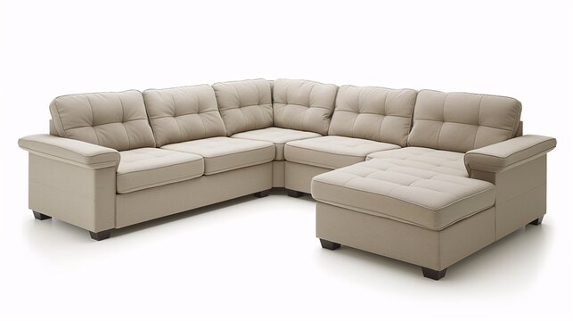 Modern beige sectional sofa with chaise, featuring plush cushions and elegant design, perfect for living room comfort and style.