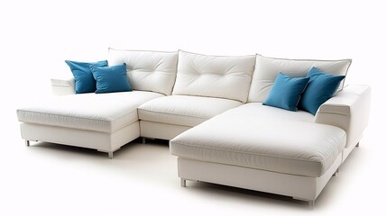Modern white sectional sofa with blue throw pillows, offering a stylish and comfortable seating option for any living room.