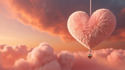 Fototapeta premium pink heart in the sky romance with a 3D render featuring a peach fuzzy heart over fluffy peach clouds.
