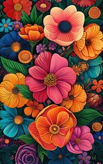 Beautiful multicolored bouquet, detailed floral patterns, coloring book cover, lively colors, enchanting illustrations, Midjourney art