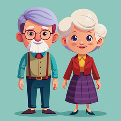 A cartoon depiction of an elderly couple, showcasing a woman and a man with gray hair, dressed casually. The image captures the warmth and affection of old age.