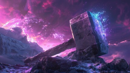 Naklejka premium Ancient, weathered hammer in a fantasy setting, glowing neon sky with vibrant hues, creating a magical atmosphere