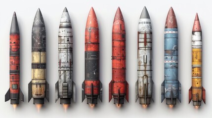 Set of rockets on white background. Isolated rockets of gray-red color.