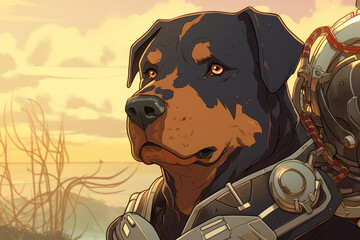 Stunning anime style illustration of a brave Rottweiler dog in samurai armor with a cute and beautiful face.