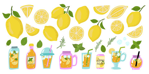 Summer big set with lemons,lemonade, mint, rosemary and ice cube. Lemonade in different glass container