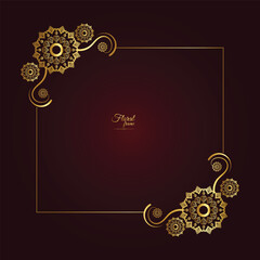 Gold shiny glowing vintage frame with flower isolated floral background. Golden luxury realistic rectangle border. Vector illustration
