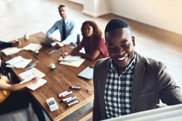 Board, business or black man in presentation for teaching, SWOT analysis or skill development in...