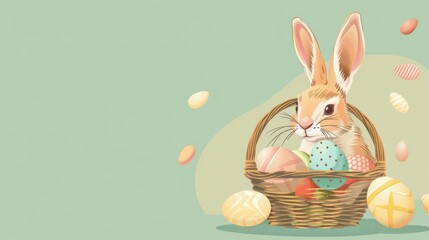 Cute bunny rabbit in a basket with colorful Easter eggs.
