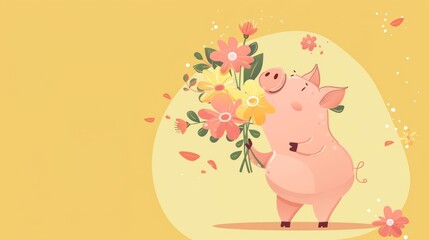 Cute pig holding a bouquet of flowers on a yellow background.