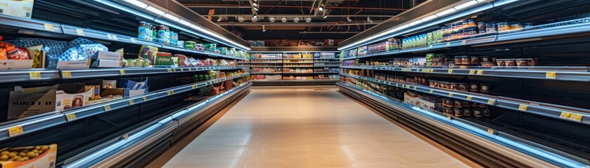 A very empty grocery store with a lot of empty shelves. There are no people in the store