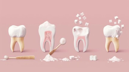 Tooth decay progression with sugar, brush and tooth anatomy illustration.