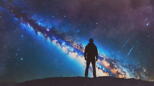 Silhouette of a man looking at the beauty of universe, stars, galaxy, milky way. Zoom in. Infinite universe. Edge of the world. Looking into the future. Power of imagination. Cinematic concept clip.