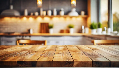 Empty Beautiful wood table top and blurred modern kitchen interior background in clean and bright, Ready for product montage
