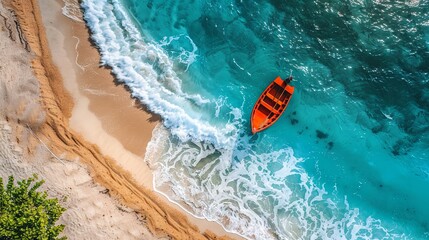 Naklejka premium Wave and boat on the beach as a background. Beach and waves from top view. Turquoise water background from top view. Top view from drone. Travel - image