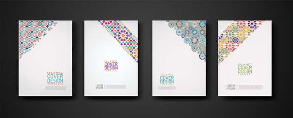 Set islamic cover design template with colorful detail and texture of floral mosaic islamic art ornament.