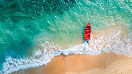 Fototapeta premium Wave and boat on the beach as a background. Beach and waves from top view. Turquoise water background from top view. Top view from drone. Travel - image