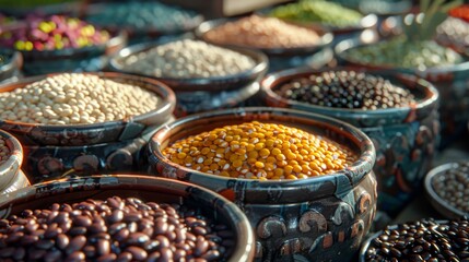 A vibrant display of assorted beans and grains in ceramic bowls at a market, showcasing a variety of textures and colors.