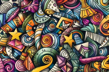 Obraz premium Cartoon cute doodles of geometric shapes arranged in a mesmerizing tessellation, Generative AI