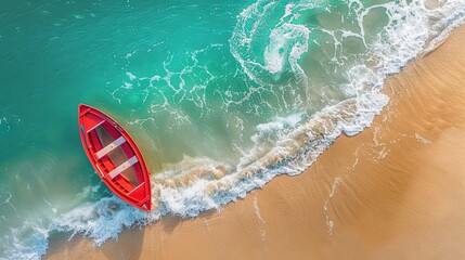 Fototapeta premium Wave and boat on the beach as a background. Beach and waves from top view. Turquoise water background from top view. Top view from drone. Travel - image