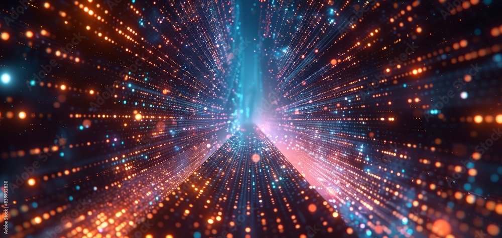 Poster abstract representation of data flow and technology, featuring colorful lights and a sense of motion