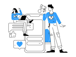 Virtual characters social communication concept business flat vector hand drawn illustration
