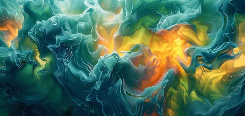 Obraz premium Abstract vibrant fluid art with swirling patterns of green, yellow, and orange, evoking dynamic and energetic movement.