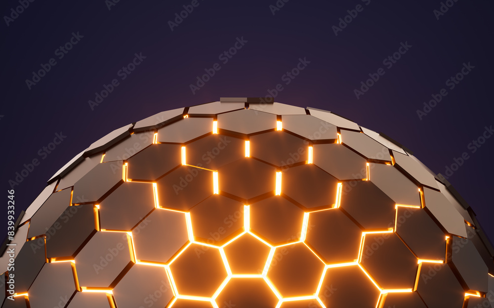 Poster abstract hexagonal sphere, neon glowing sphere, 3d rendering.
