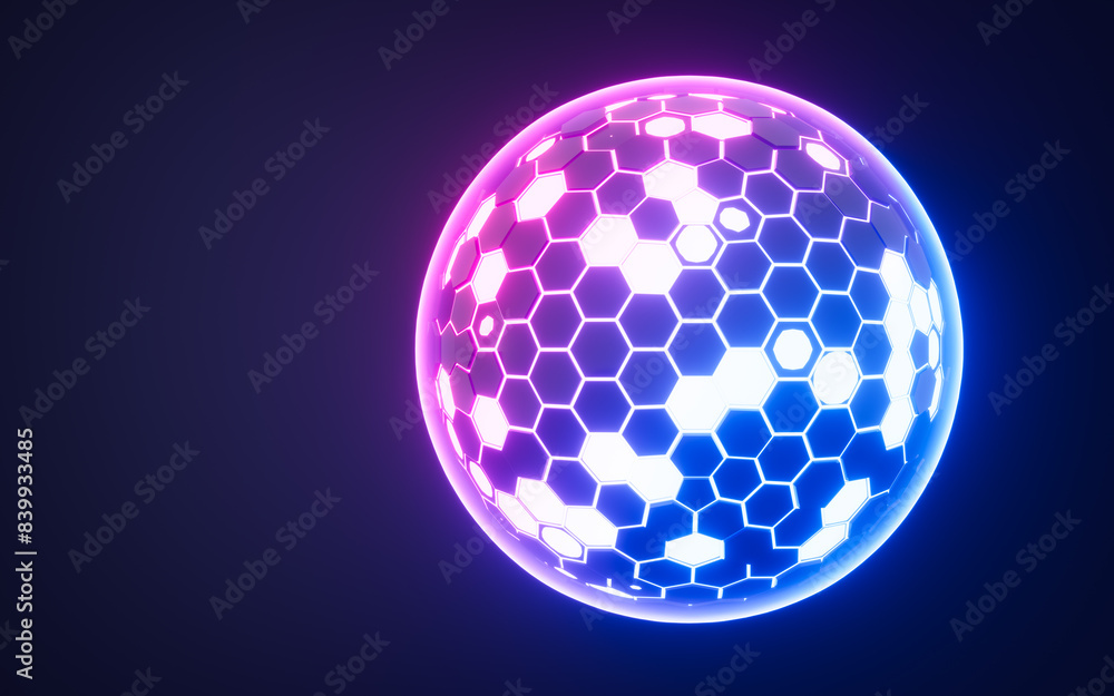 Poster abstract hexagonal sphere, neon glowing sphere, 3d rendering.