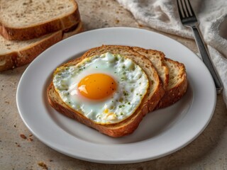 Fresh Bread with delicious fried egg on white plate on white background
