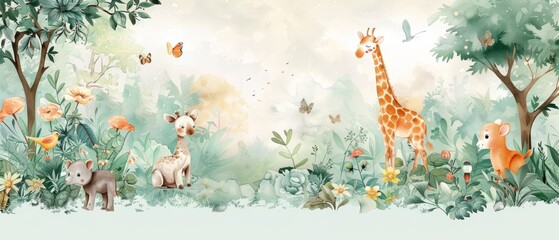 Obraz premium Charming watercolor jungle scene with animals and plants, perfect for a serene and whimsical atmosphere.