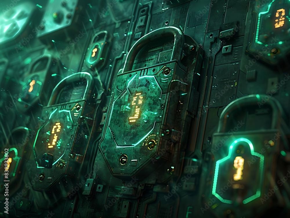 Aufkleber digital locks and security codes on a tech grid