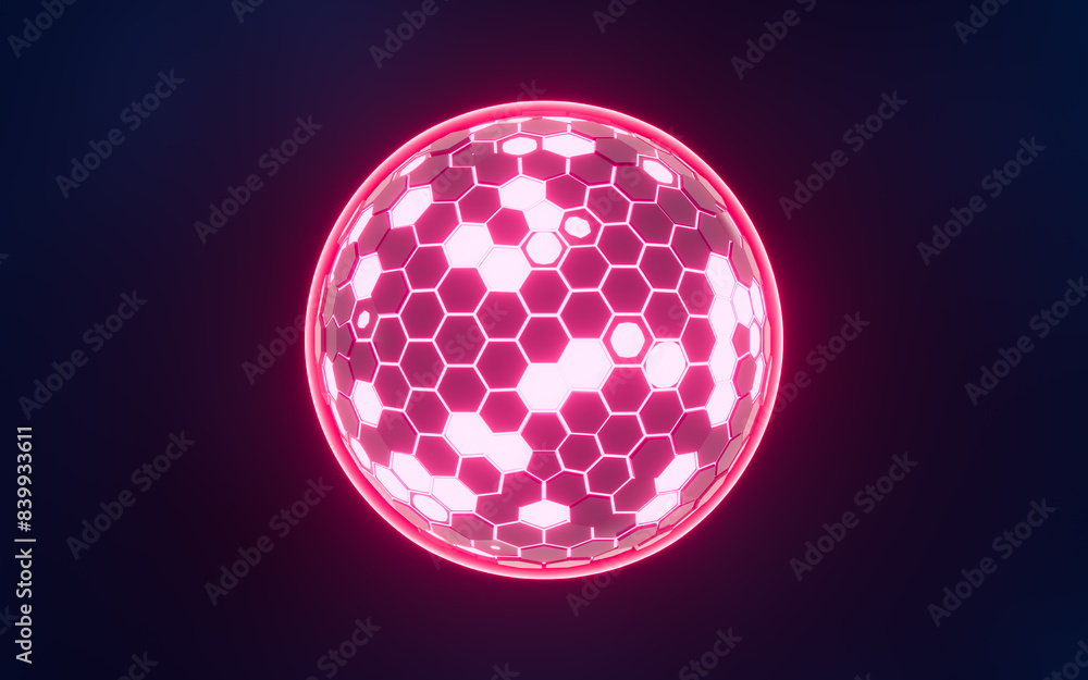 Poster abstract hexagonal sphere, neon glowing sphere, 3d rendering.