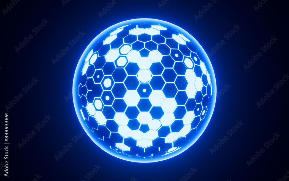 Poster abstract hexagonal sphere, neon glowing sphere, 3d rendering.