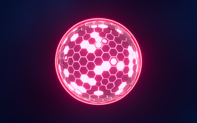 Abstract hexagonal sphere, neon glowing sphere, 3d rendering.