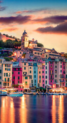 Magnific sunrise in Portovenere town. Picturesque spring seascape of Mediterranean sea,  Liguria,...