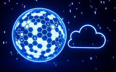 Naklejka premium Abstract glowing sphere, cloud computing and binary system concept, 3d rendering.