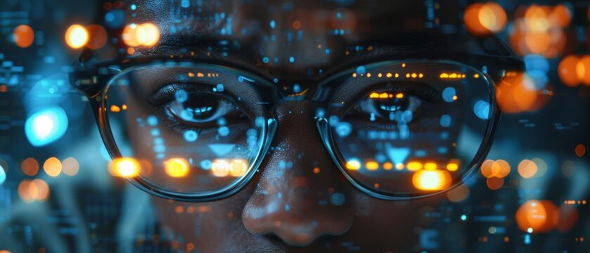 Close-up of person's face with glasses, reflecting colorful digital code. Represents technology, coding, and artificial intelligence.