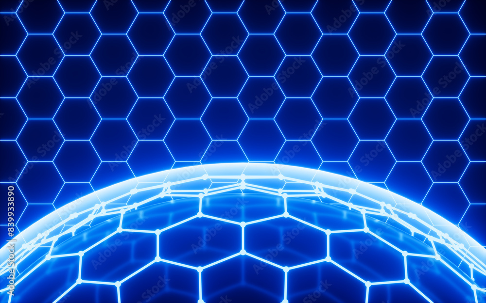 Poster abstract hexagonal sphere, neon glowing sphere, 3d rendering.