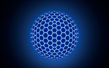 Abstract hexagonal sphere, neon glowing sphere, 3d rendering.