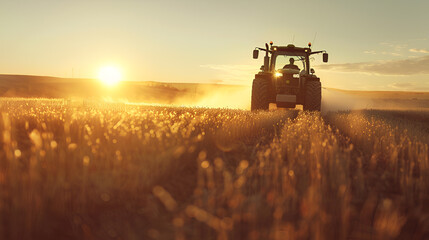 Fototapeta premium A tractor is driving through a field of tall grass. The sun is setting in the background, casting a warm glow over the scene