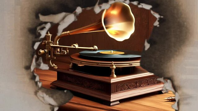 Antique gramophone perched on a table, evoking timeless elegance and classic charm