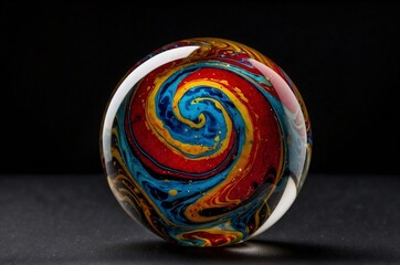 A single glass marble with swirling colors inside, set against a black background, its vibrant patterns creating a mesmerizing visual effect.