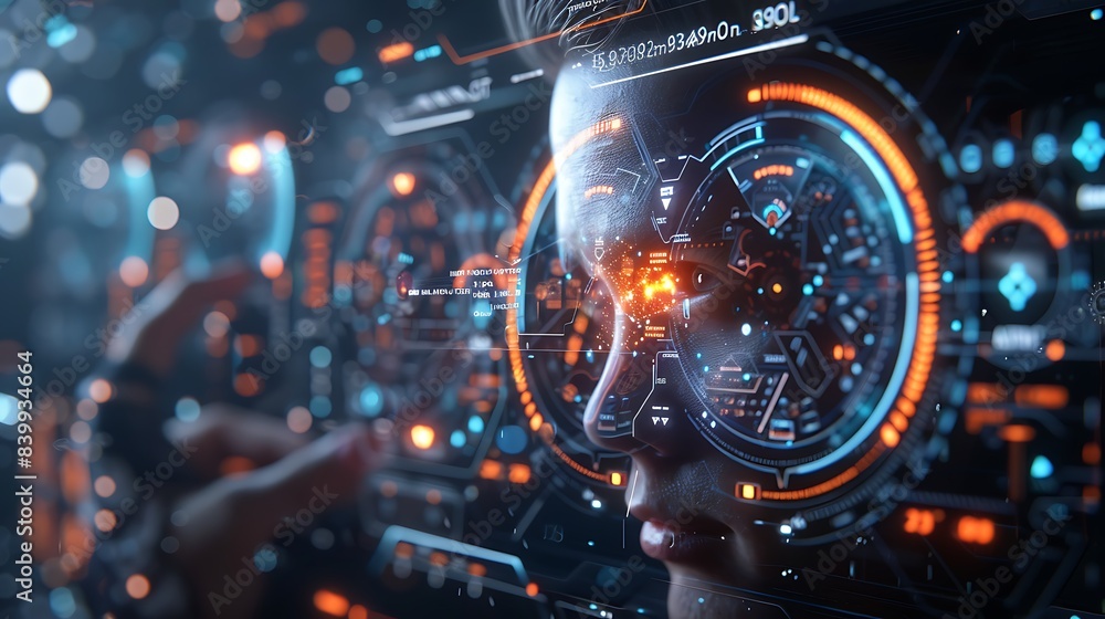 Poster futuristic holographic interfaces displayed in tech environment