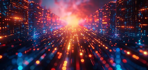 Obraz premium Futuristic digital landscape with glowing neon lights and vibrant colors. Concept of technology and data. Perfect for sci-fi and tech themes.